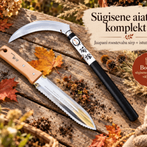 Sügisene aiatöö komplekt – Jaapani roostevaba sirp + istutusnuga + aiahoolduse väljakutse